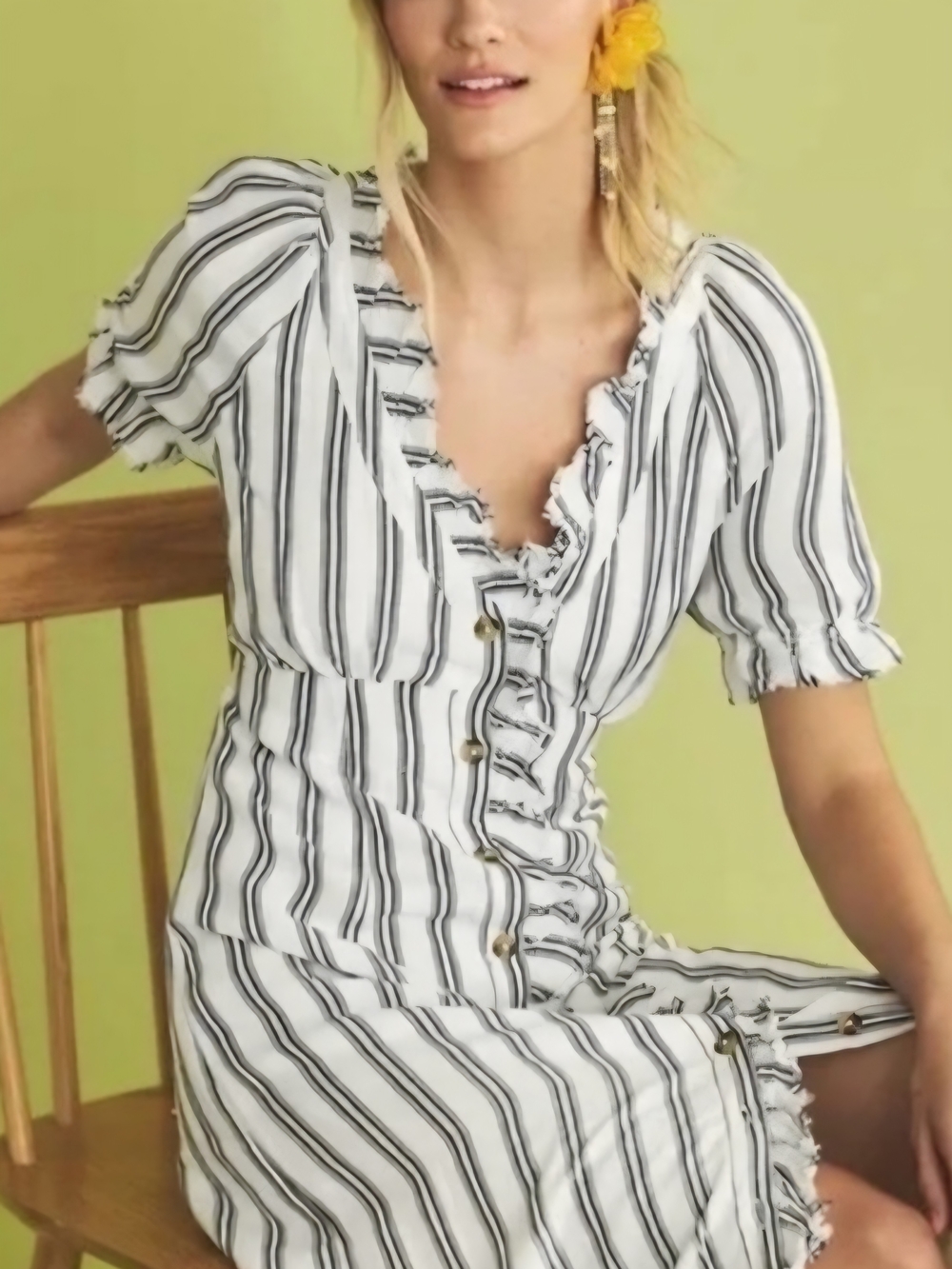 Pilcro White Dress with Black Stripes and Ruffle Trim